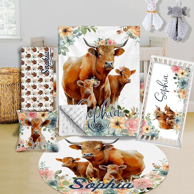 Custom Crib Bedding Set - Highland Cow Design Personalized Name Baby Nursery Bed 3 Pcs Set - Chic Soft Blanket with Dotted Backing, Sheet, Pillowcase for Newborn Girls Boys Gifts Color03-CubbioJoy