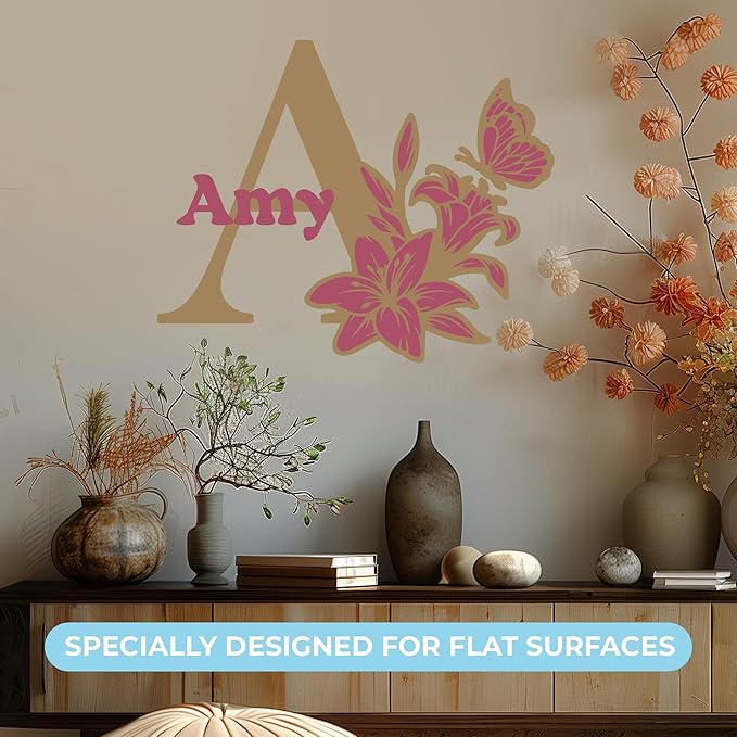 CRYPTONITE Custom Name & Initial with Lily and Butterfly I Flower Wall Decals for Bedroom Decor | Custom Decal for Girl Bedroom Decor I Pink Room Decor for Little Girl Room Decor (B. Flower)-CubbioJoy