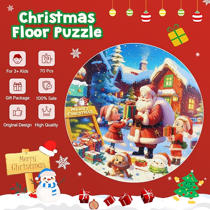 Christmas Puzzles for Kids Ages 4-6, Kids Puzzles with Santa Claus & Snowman,70 Piece Round Large Floor Puzzles for Kids Ages 3 4 5 6 7 8, Educational Toy Gift Jigsaw Puzzles for 5 Year Old Boys Girls-CubbioJoy