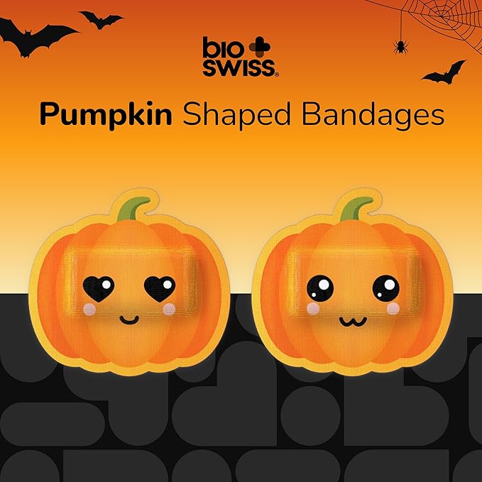 BioSwiss Bandages, Halloween Pumpkin Shaped Self Adhesive Bandage, Latex Free Sterile Wound Care, Fun First Aid Kit Supplies for Kids, 50 Count-CubbioJoy