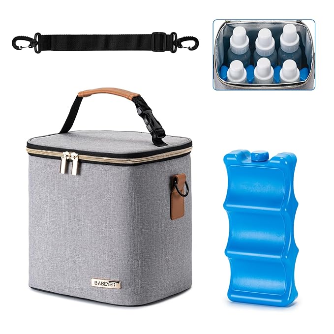 Breastmilk Cooler Bag with Ice Pack Fits 6 Baby Bottles Up to 9 Ounce, Baby Bottle Bag with Shoulder Strap for Nursing Mom Daycare, Grey-CubbioJoy