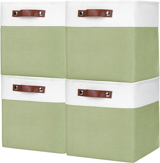 Collapsible Fabric Storage Cubes 11x11 Cube Storage Bins, 4 Pack Closet Baskets Box with Handles for Organizing, Shelf, Toys, Clothes, Home, Office, Nursery (Green&White)-CubbioJoy