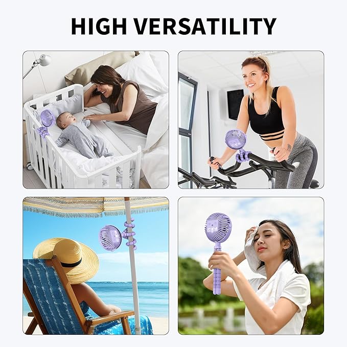 AMACOOL Battery Operated Stroller Fan Flexible Tripod Clip On Fan with 3 Speeds and Rotatable Handheld Personal Fans for Car Seat Crib Bike Treadmill (Purple)-CubbioJoy