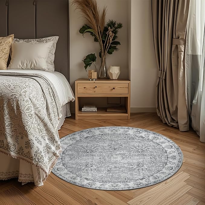 jinchan Round Rug 4ft Area Rug - Indoor Vintage Hallway Circle 4' Washable - Ultra-Thin Low Pile Soft Small Non Slip Distressed Floral Print for Living Room Dining Room Bedroom Entryway Grey-CubbioJoy
