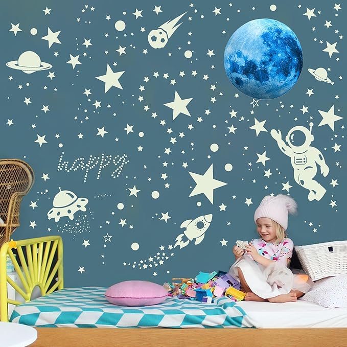 530 Glow in The Dark Stars Ceiling Stars Glow in The Dark Glow Moon and Space Wall Decals Astronaut Universe Galaxy Planet Wall Stickers Glowing Wall Stickers Kid Boys Living Room Decor-CubbioJoy