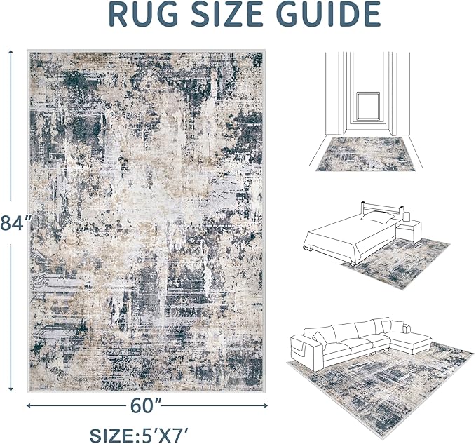 Area Rugs 5x7 Living Room: Washable Rug Modern Abstract Rugs Soft Non Slip Neutral Rug Stain Resistant Indoor Carpet for Bedroom Kitchen Dining Room Nursery Home Office Rugs(Black Brown,5'x7')-CubbioJoy