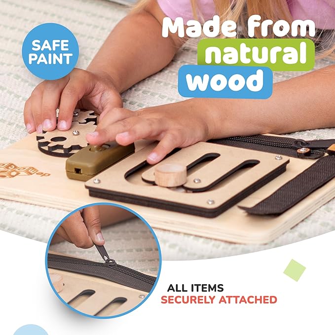 deMoca Baby Busy Board for 1 Year Old, Premium Montessori Toddler Travel Toy with Educational Activities, Sensory Travel Toys for Toddlers 1-3, Wooden Busy Board, Gift for Boy & Girl-CubbioJoy