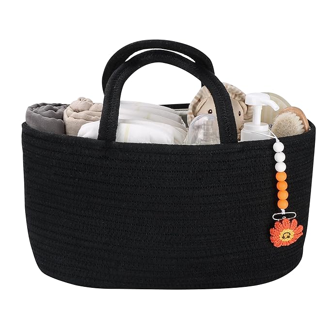 Baby Diaper Caddy Organizer for Girl Boy Cotton Rope Nursery Storage Bin Basket Portable Holder Tote Bag for Changing Table Car Travel Baby Shower Gifts Newborn Essentials Registry Must Haves Black-CubbioJoy