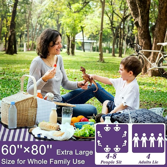 60”x 80” Picnic Blanket Waterproof and Foldable Beach Blanket, 5-Layer Outdoor Mat with Carry Strap for 6 to 8 Adults, for Camping, Park, Beach, Grass, Indoors…-CubbioJoy