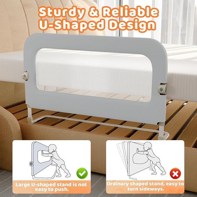Bed Guard Rail for Toddlers - 47inch Foldable & Adjustable Height Baby Bed Safety Side Rails - Large Toddler Crib Railing Guard for Twin, Bunk, Full Size, Queen & King, Full Size Bed Grey-CubbioJoy