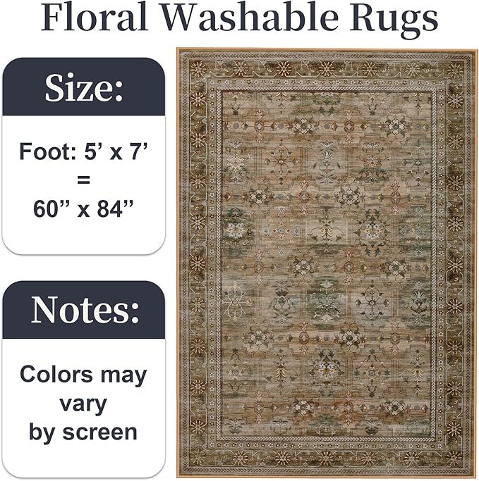 5x7 Washable Area Rug for Living Room Dining Room, Distressed Non Slip Vintage Floral Rugs for Bedroom, Traditional Indoor Floor Carpet for Dining Kitchen Farmhouse Olive/Charcoal-CubbioJoy
