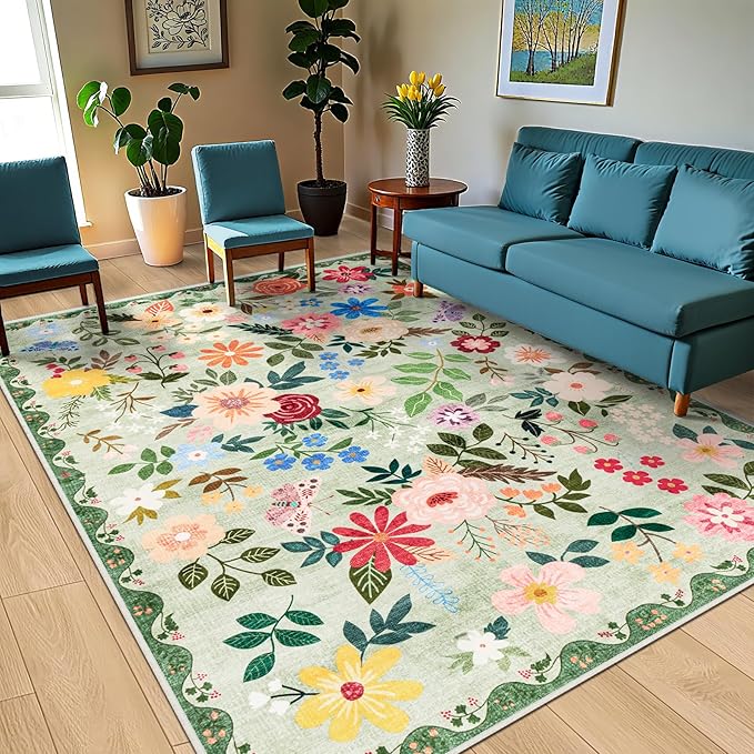 8x10 Area Rugs for Living Room: Floral Washable Rug Vintage Large Soft Boho Non-Slip Carpet Indoor Stain Resistant Low Pile Carpets for Bedroom Dining Room Farmhouse Nursery Hallway Home Office Green-CubbioJoy