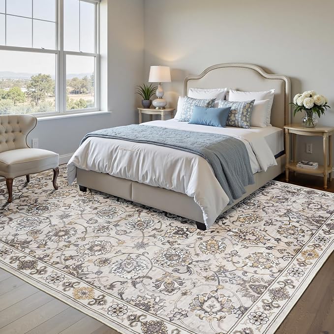 9x12 Neutral Area Rug for Living Room, Washable Large Rugs, Vintage Floral Soft Carpet, Non Slip & Low Pile, Wool Carpets for Indoor Bedroom Dining Home Playroom Office Under Table, Beige-CubbioJoy