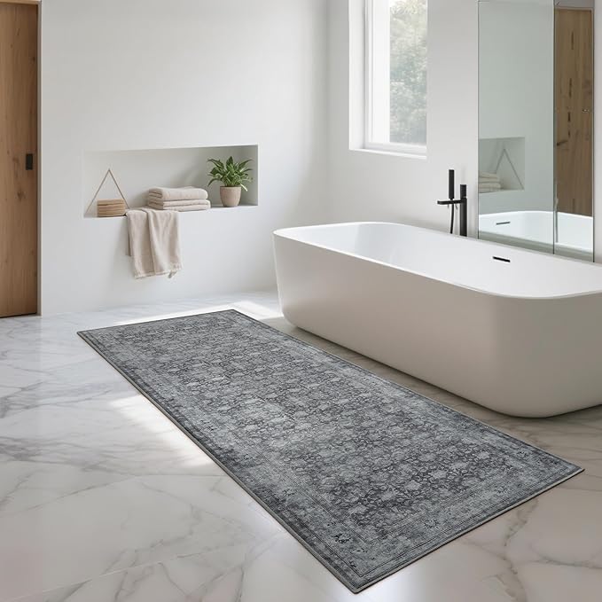 2'6"x8' Washable Runner Rug for Hallway, Non Slip Vintage Floral Long Carpet Runners for Entryway, Kitchen, Bathroom, Bedroom, Low Pile Laundry Rugs with Rubber Backing (Distressed Grey)-CubbioJoy