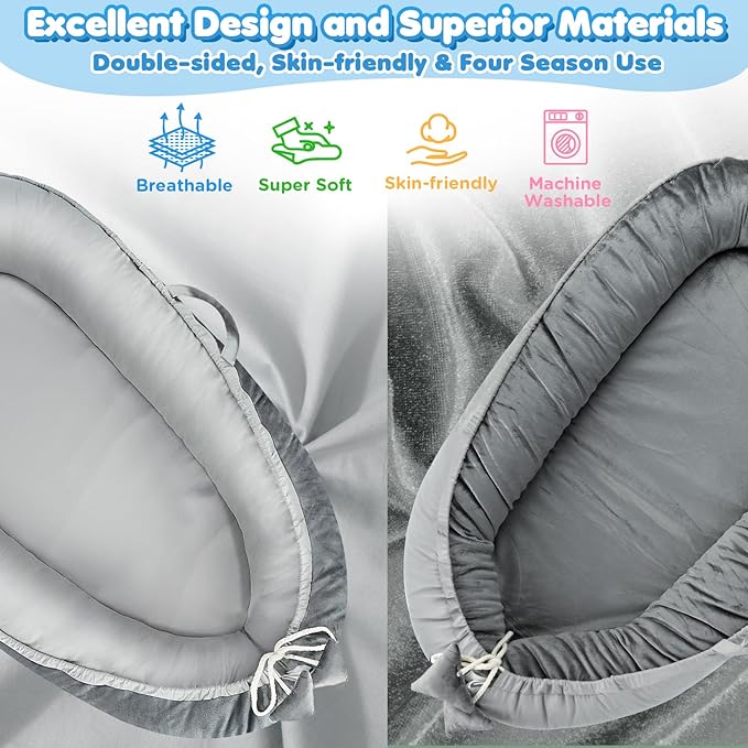 Baby Lounger - Baby Lounger for Newborn 0-24 Months, Breathable & Soft Cotton and Velvet Cover Baby Nest, Portable Tummy Time Lounger for Home and Travel, Ideal Baby Essentials & Shower Gifts-CubbioJoy