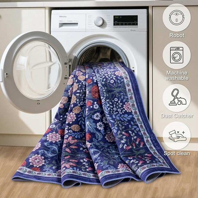 Area Rugs 9x12 Living Room: Floral Washable Rug Vintage Large Soft Boho Non-Slip Carpet Indoor Floor Stain Resistant Low Pile Carpets for Bedroom Dining Room Farmhouse Nursery Home Office Blue-CubbioJoy