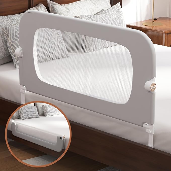 Bed Rail for Toddlers, Baby Bed Rail Guard for Kids, Toddler Bed Rails with Reinforced Anchor Fit, Height Adjustable & Foldable Bed Rail Guard for Twin, Full, Queen & King Beds (Grey, 32IN)-CubbioJoy