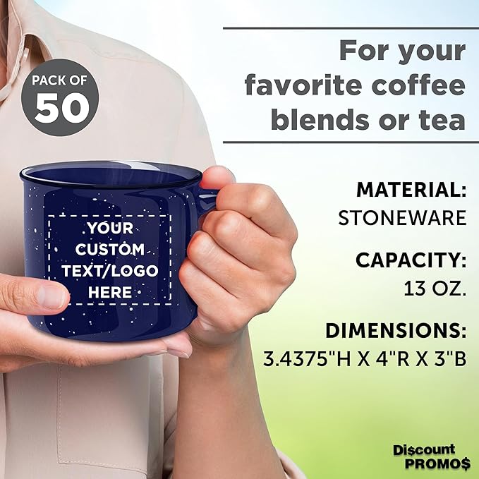 DISCOUNT PROMOS Custom Ceramic Campfire Coffee Mugs 13 oz. Set of 50, Personalized Bulk Pack - Perfect for Tea, Espresso, Cappuccino, Hot Cocoa - Blue-CubbioJoy