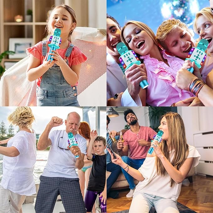 BONAOK Karaoke Microphone for Kids & Adults - Bluetooth Microphones Singing Mic with Disco Lights, Echo Effect, Built-in Speaker Portable Karaoke Player for Party Travel Gifts Q78(Ice Blue)-CubbioJoy