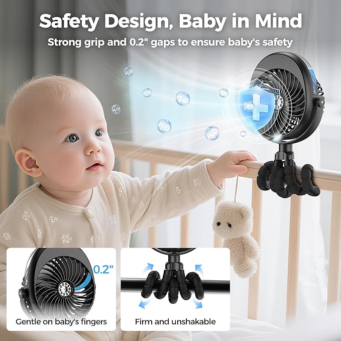 2025 Upgarded 4000mAh Misting Baby Stroller Fan, Rechargeable Battery Operated,Max 15Hrs Cooling,50ml Portable Water Sprayer Misting Fan with Flexible Tripod Clip on Car Seat Crib Treadmill Bunk Bed-CubbioJoy