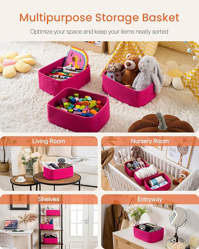 KALLAX Small Woven Basket, 13.5 x 9.5 x 5 Inches, Storage Basket for Organizing, Cute Small Rope Shelf Closet Cube Storage Bins Baskets for Shelves, Dog Toy Gift Baskets Empty, 3 Packs, Hot Pink-CubbioJoy