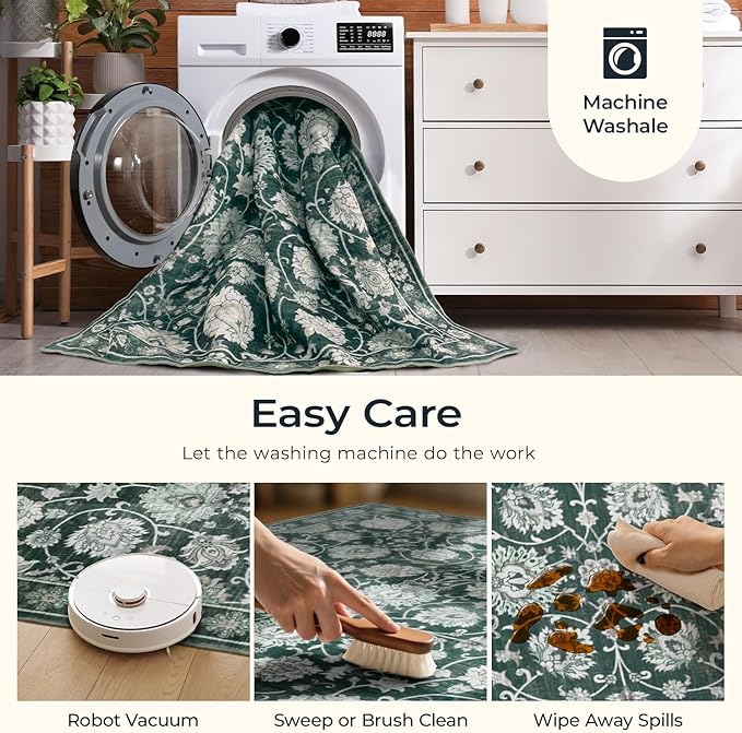 6x9 Area Rug for Living Room & Bedroom, Washable Non-Slip Floral Rugs, Soft Vintage Carpet, Low Pile Wool Carpets for Indoor Dining Home Office Playroom Under Table, Modern Decor, Dark Green-CubbioJoy