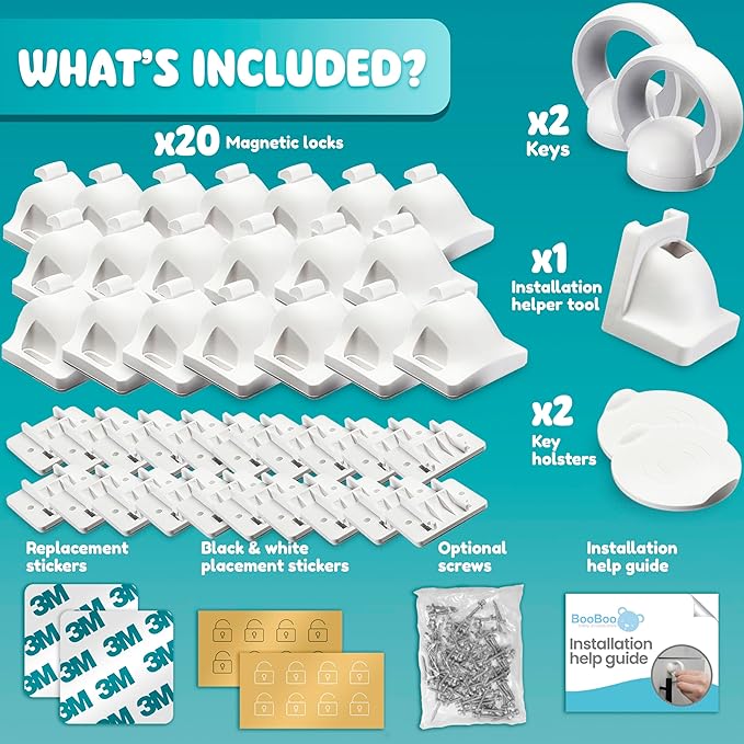 Booboo® Magnetic Child Safety Cupboard Locks for Children x20 Locks + x1 Key, Baby Proofing for Kitchen, Cabinets and Drawers, 30 Second Install No Drilling 3M Adhesive (20 Pack)-CubbioJoy