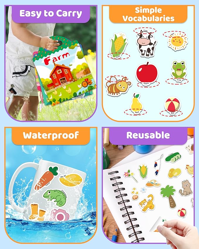 Benresive Reusable Sticker Books for Kids 2-4, Sticker Books for Toddlers 1-3 2-4, Toddler Travel Toys Activities Crafts Gifts - Farm, Animal and Season-CubbioJoy
