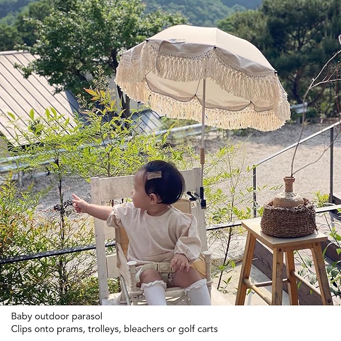 Baby Outdoor Parasols, Baby Stroller Parasol Umbrella with Adjustable Clamp, Toddler Umbrella for Trolley Wheelchair Beach Chair, Outdoor Activities (Beige)-CubbioJoy