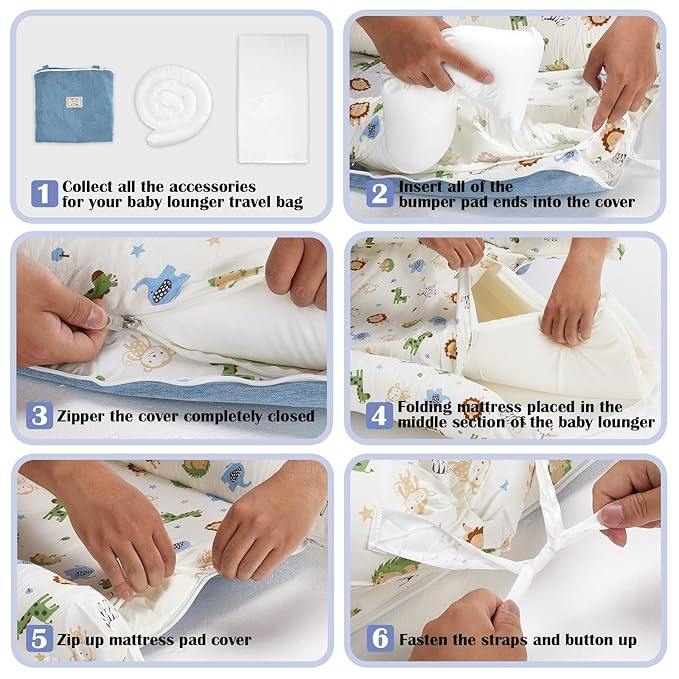 Baby Lounger for Newborn Portable Bag,Baby Nest Play Gym mat with Strap,Newborn Lounger Adjustable Size & Inner Zipper Lengthen Space to 24 Months,Animal World Blue-CubbioJoy