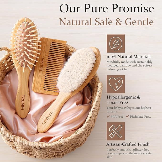 Bamboo Baby Brush and Comb Set (3-Piece) | Ultra-Soft Goat Bristle Newborn Hair Brush for Gently Soothing Cradle Cap | Natural Massage Brush & Toddler Comb | Perfect Baby Registry & Shower Gift-CubbioJoy