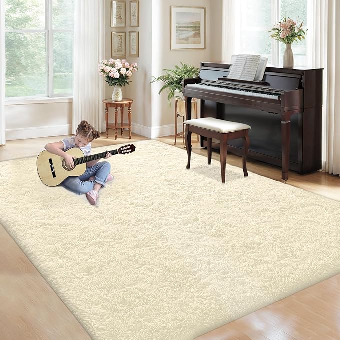 5x7 Area Rug for Living Room: Fluffy Shag Soft Washable Rugs Fuzzy Plush Indoor Carpet for Bedroom Nursery Playroom Dorm Kids Girls Boys Room (Cream White, 5'x7')-CubbioJoy