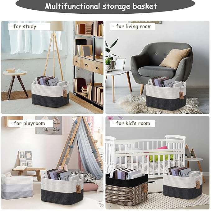COMFY-HOMI Cotton Rope Woven Basket with Handles for Shelves,Toys,Book, Cloth Storage Baskets Bin for Organizing-13.5"x11"x9.5" Toy Decorative Organizer for Living Room, Bathroom-White/Dark Grey-CubbioJoy