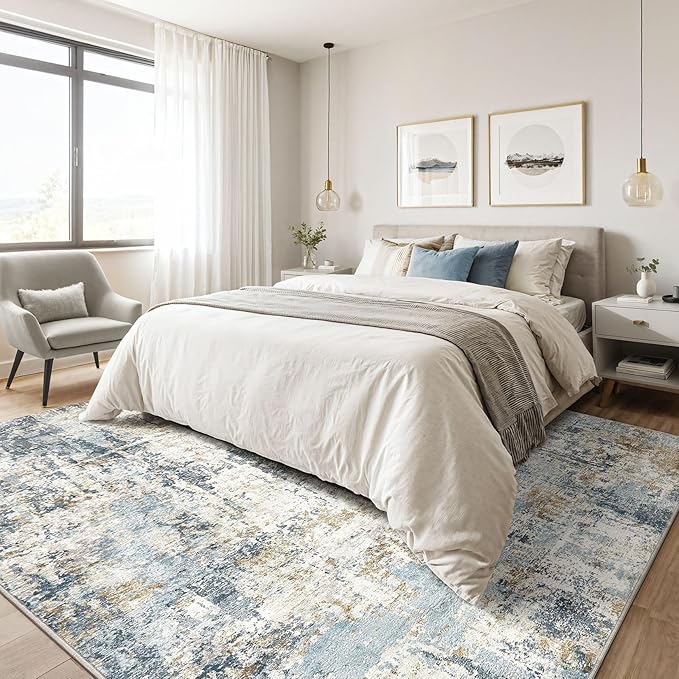 7x10 Area Rugs Washable Rug: Living Room Large Abstract Modern Soft Stain Resistant Indoor Floor Non Slip Accent Carpet for Bedroom Nursery Playroom Office Dining Room Dorm Home House- Blue-CubbioJoy