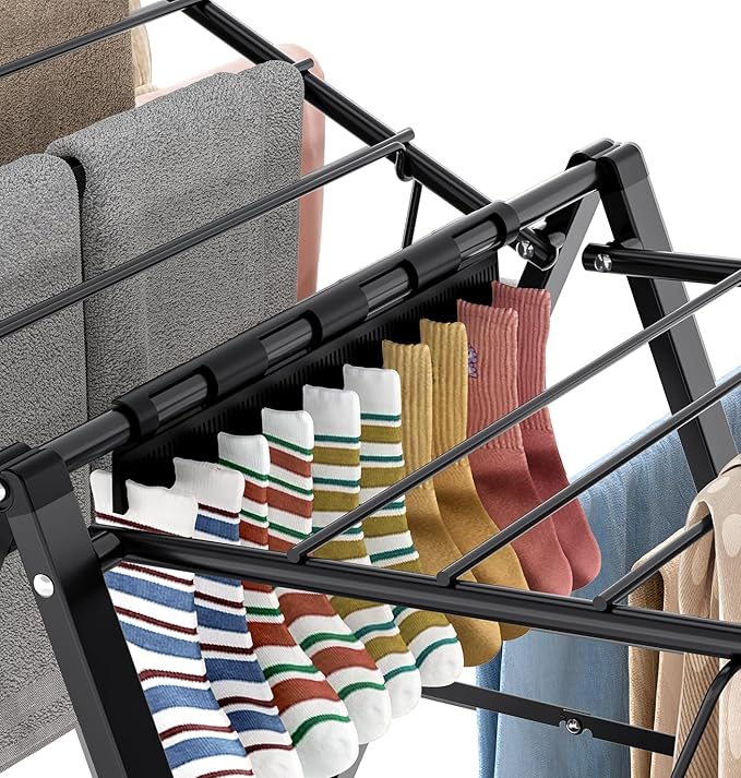 APEXCHASER Foldable Clothes Drying Rack, Metal Laundry Drying Rack Collapsible, Ultra Thin Clothes Rack for Sweater Bra Towel for Indoor & Outdoor Use, Height Adjustable Gullwing Clothes Airer, Black-CubbioJoy