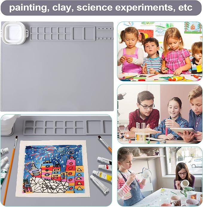 AWOKE Silicone Painting Mat - 20"X16" Silicone Art Craft Mat with 1 Water Cup for Kids -12 Color Dividers - 2 Paint Dividers (Grey)-CubbioJoy