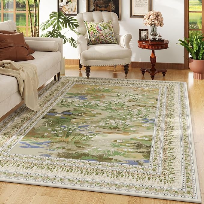 Area Rugs 8x10 Clearance Impressionist-Style Vintage Washable Area Rug Non Slip Low Pile Large Rug for Bedroom Farmhouse Dining Room Kids Playroom, Beige-CubbioJoy