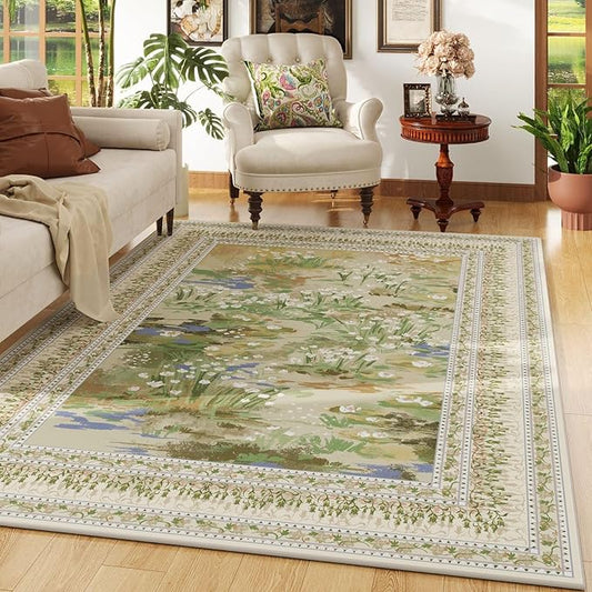 Area Rugs 8x10 Clearance Impressionist-Style Vintage Washable Area Rug Non Slip Low Pile Large Rug for Bedroom Farmhouse Dining Room Kids Playroom, Beige-CubbioJoy