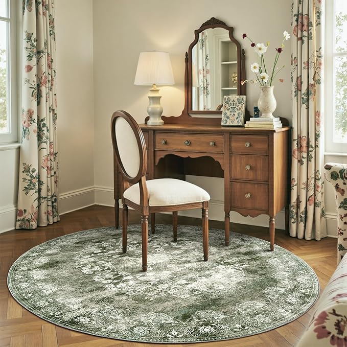 jinchan Round Rug 6ft Area Rug - Green Vintage Floor Mat Kitchen Indoor - Washable Circle 6' Thin Floral Print Carpet Retro Farmhouse Non Slip Dining Room Living Room Bedroom Office-CubbioJoy