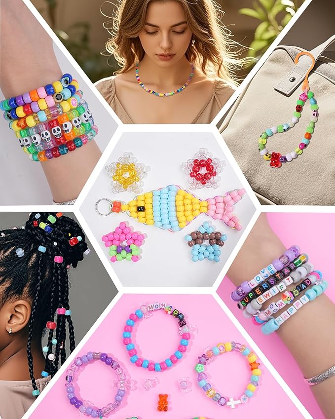 BestNow Kandi Beads Bracelet Making Kit Beads for Pony Beads Polymer Clay Beads 2 Types of Letter Beads 13 Types of Charm Beads for Jewelry Making DIY Arts and Crafts Gifts Toys for Girls Age 6-12-CubbioJoy