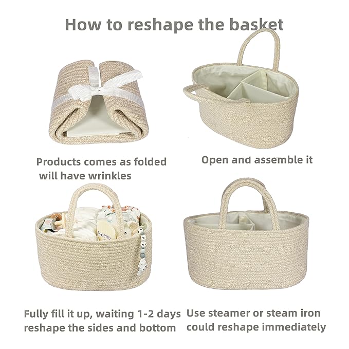 Baby Diaper Caddy Organizer for Girl Boy Cotton Rope Nursery Storage Bin Basket Portable Holder Tote Bag for Changing Table Car Travel Baby Shower Gifts Newborn Registry Must Have Items oatmeal-CubbioJoy