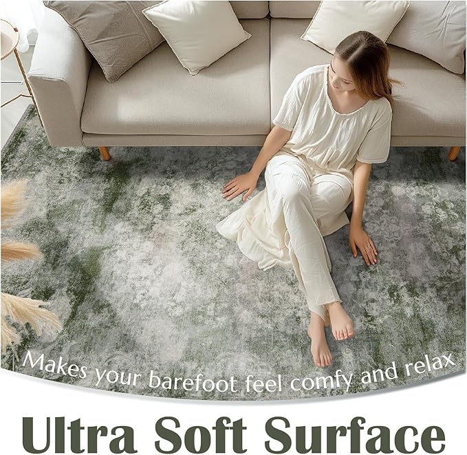 jinchan Washable Area Rug 8x10 for Living Room - Soft Faux Wool Ultra-Thin Stain Resistant Non-Slip Distressed Vintage Floral Large Carpet for Bedroom,Dining Room,Home Office,Nursery(Green, 8'x10')-CubbioJoy