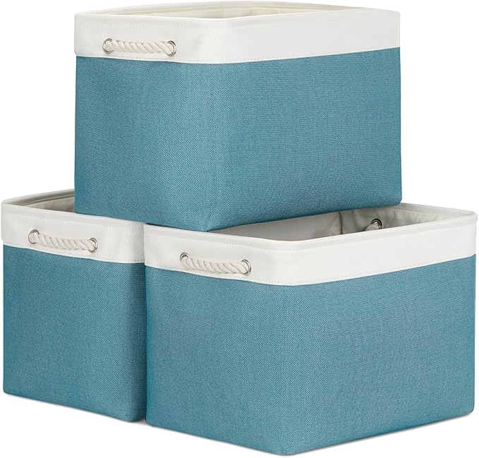 Bidtakay Large Storage Baskets for Shelves 3 Pack 16x11.8x11.8 Inch Storage Bins for Organizing Fabric Storage Cubes for Closet Clothes Basket Laundry-White&Teal-CubbioJoy