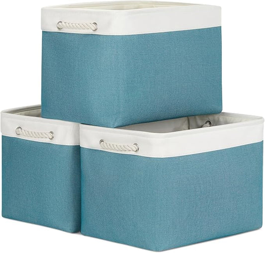 Bidtakay Large Storage Baskets for Shelves 3 Pack 16x11.8x11.8 Inch Storage Bins for Organizing Fabric Storage Cubes for Closet Clothes Basket Laundry-White&Teal-CubbioJoy