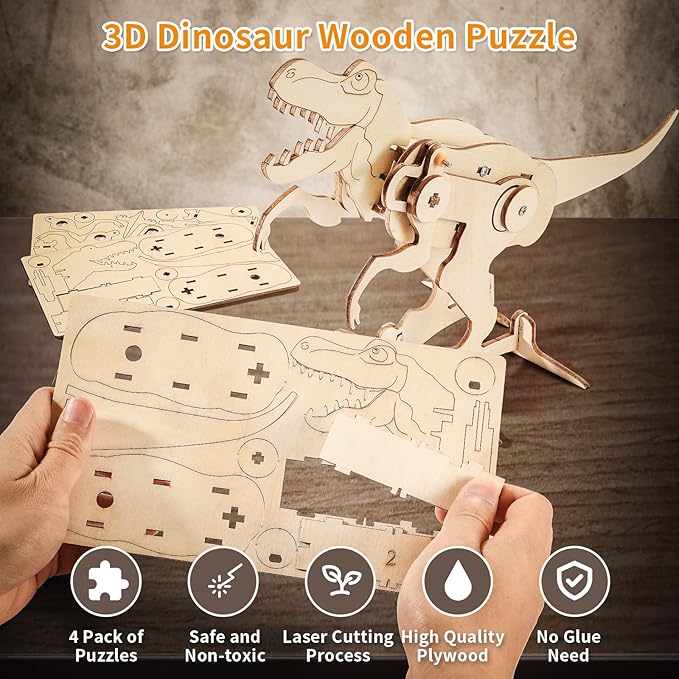 Dinosaur STEM Kits for Kids Ages 6-8-10-12, 4 in 1 Wood Building Toys for Boys Age 8-12, Build It Yourself Woodworking Kit, DIY 3D Wooden Puzzles Model Science Crafts for Kids, Stem Projects-CubbioJoy