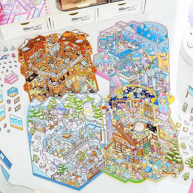 4 Sets Big 3D Sticker Scenes DIY Craft Kit – Build Your Own Miniature Rooms Stickers Book(Museum/Ski Resort/Amusement Park/Aquarium) for Kids & Adults, Creative Craft Kit for Gifts-CubbioJoy