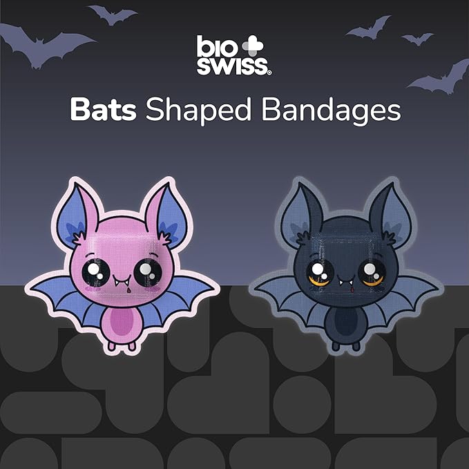 BioSwiss Bandages, Halloween Bat Shaped Self Adhesive Bandage, Latex Free Sterile Wound Care, Fun First Aid Kit Supplies for Kids, 50 Count-CubbioJoy