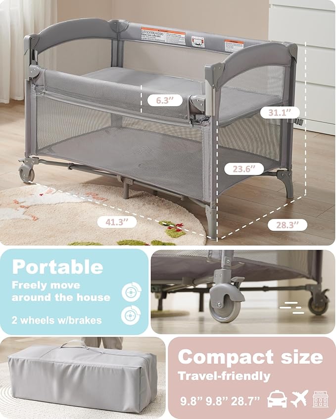 AirClub 4 in 1 Baby Bassinet Bedside Sleeper, 4 Functions Crib, Playard, Portable Changing Table, Bassinet for Newborn Baby, Bedsaide Bed w/Wheels&Brakes-CubbioJoy