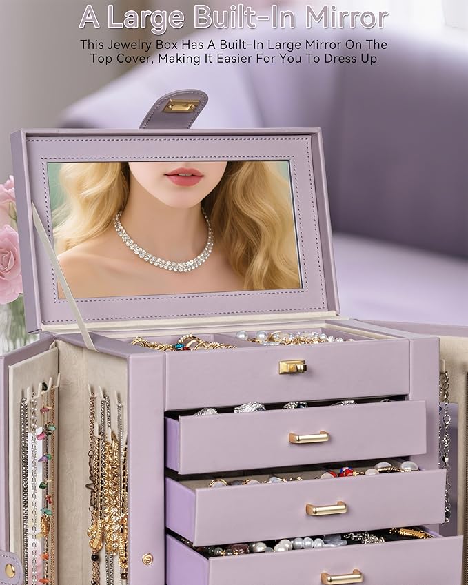 AKOZLIN 360° Rotating Jewelry Box 6-Tier Organizer Functional Jewelry Storage Case for Women Girls Ring Necklace Earring Bracelet Holder with Mirror Purple-CubbioJoy