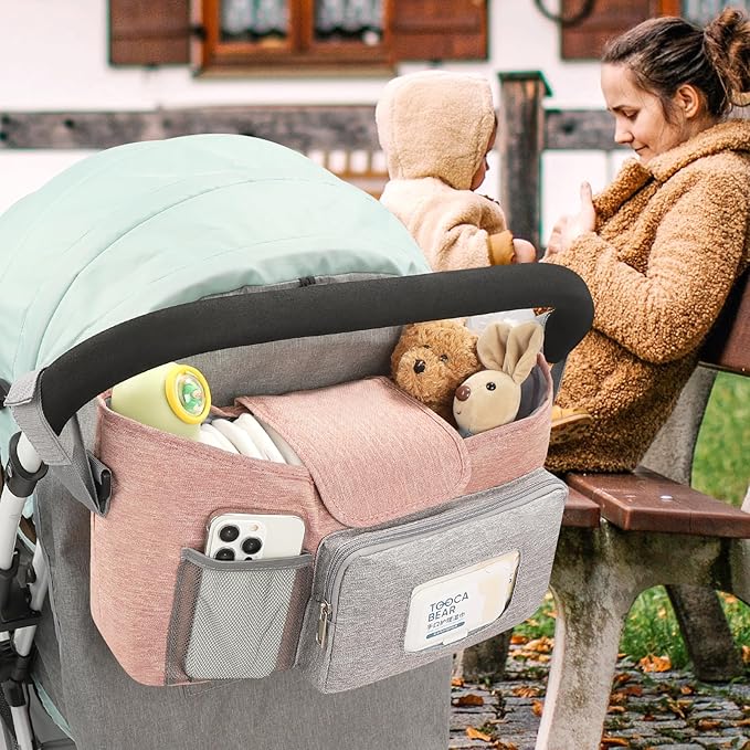Accmor Universal Stroller Organizer with Insulated Cup Holder, Stroller Caddy Bag Accessories, Stroller Cup Holder Organizer for Uppababy Baby Jogger Britax Stroller, Pink-CubbioJoy